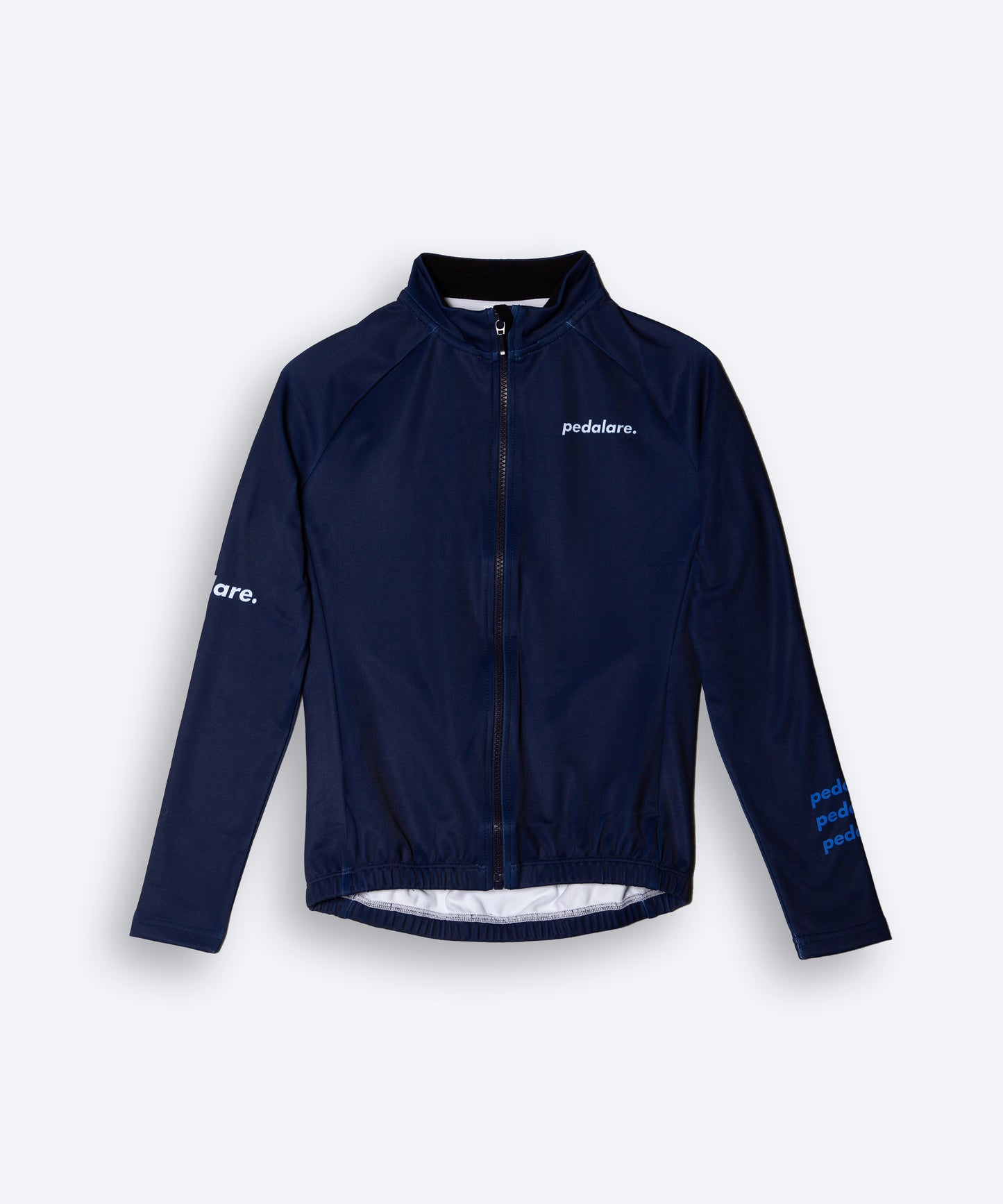 Female cyclist modelling Pedalare’s navy blue winter long sleeve cycling jersey, paired with black bib shorts. Side profile studio shot highlighting the jersey’s thermal fabric, streamlined fit, and subtle branding. Designed by Perth cycling brand Pedalare for cool-weather performance and style. Men’s winter cycling jersey ideal for road cyclists seeking aero cycling gear and premium cycling apparel.