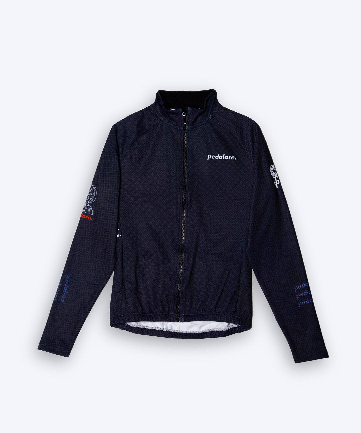 Male cyclist modelling Pedalare’s navy winter long sleeve cycling jersey, paired with black bib shorts. Side profile studio shot highlighting the jersey’s thermal fabric, streamlined fit, and subtle branding. Designed by Perth cycling brand Pedalare for cool-weather performance and style. Men’s winter cycling jersey ideal for road cyclists seeking aero cycling gear and premium cycling apparel.