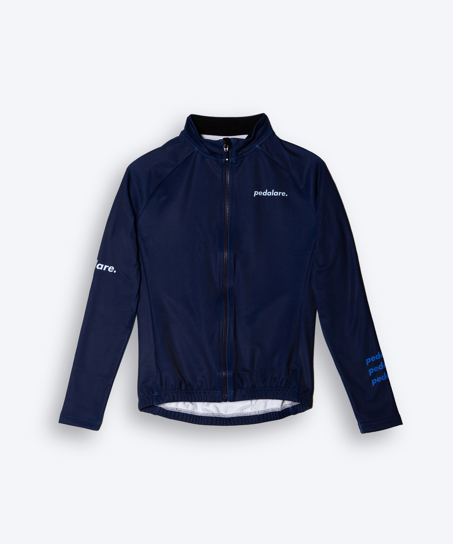 Female cyclist modelling Pedalare’s navy blue winter long sleeve cycling jersey, paired with black bib shorts. Side profile studio shot highlighting the jersey’s thermal fabric, streamlined fit, and subtle branding. Designed by Perth cycling brand Pedalare for cool-weather performance and style. Men’s winter cycling jersey ideal for road cyclists seeking aero cycling gear and premium cycling apparel.